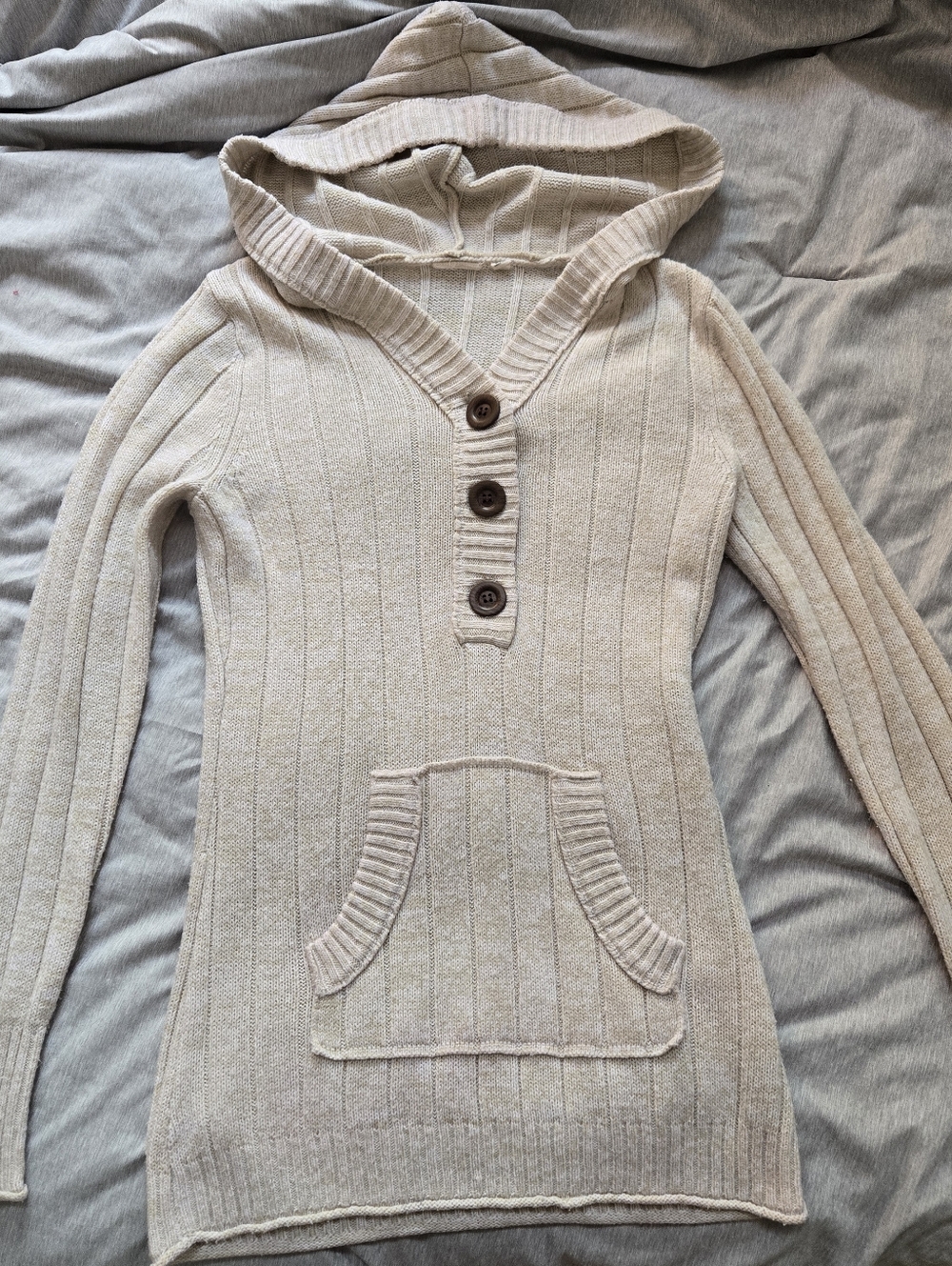Roxy Hooded Long Cream Knit Sweater Size Large